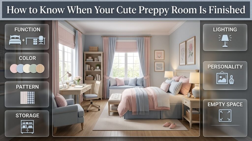 Balanced cute preppy room showing functional spaces, coordinated colors, balanced patterns, storage, lighting, personality, and open space.