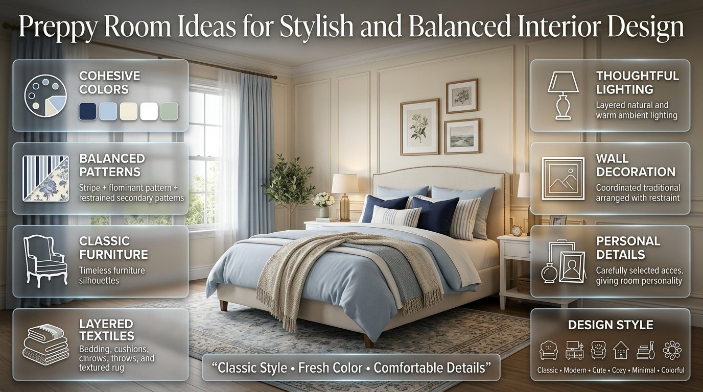 Stylish preppy room featuring classic patterns, balanced colors, cozy textures, elegant furniture, and coordinated decorative details. Preppy Room Ideas for Stylish and Balanced Interior Design
