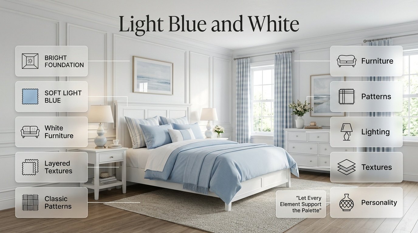 Bright light blue and white preppy bedroom with layered bedding, white furniture, soft textures, classic patterns, and natural light. Light Blue and White Preppy Room Ideas for a Timeless Look