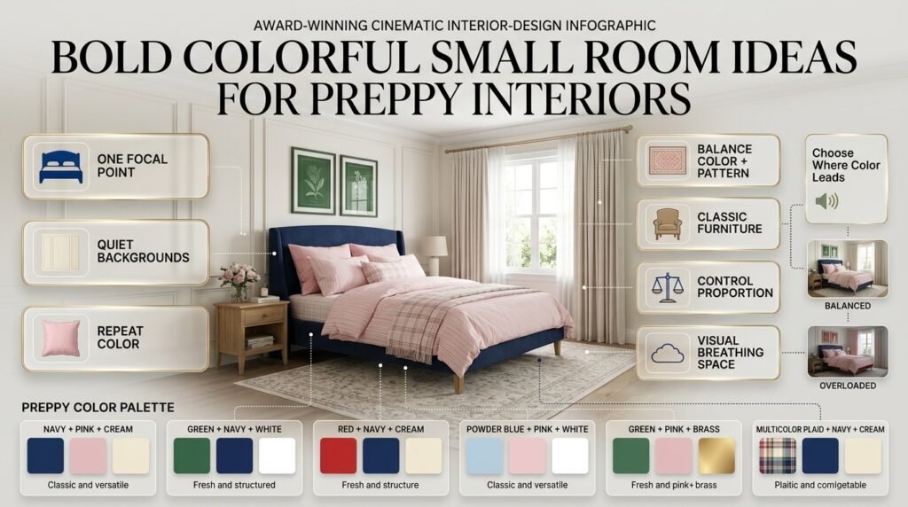 Bold colorful small room with navy, pink, cream, green, and preppy patterns balanced through furniture, bedding, artwork, and decor