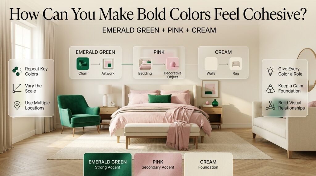Cohesive bold color room using repeated emerald green, pink, and cream across furniture, artwork, bedding, rugs, and decor