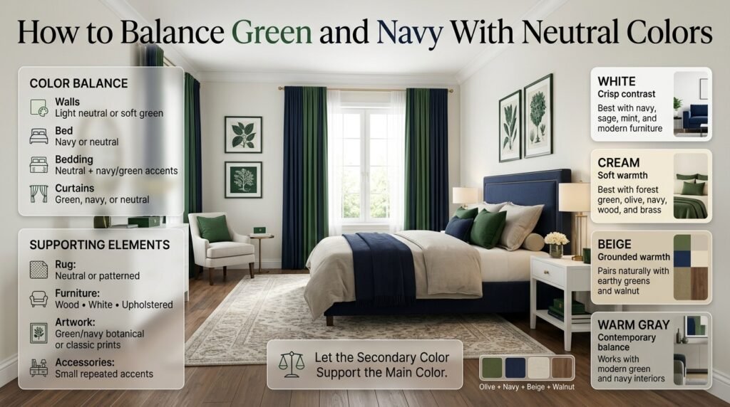 Green and navy preppy bedroom balanced with neutral walls, navy bedding, green accents, wood furniture, cream, beige, and warm gray.
