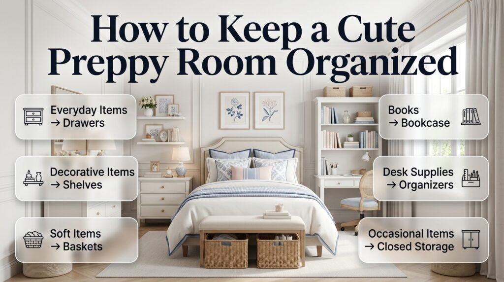 Cute preppy room organization with drawers, shelves, baskets, bookcase, and desk organizers for a clutter-free space.