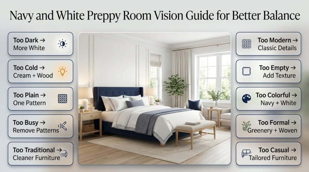 Navy and white preppy room vision guide showing ways to balance color, pattern, texture, lighting, furniture, and greenery