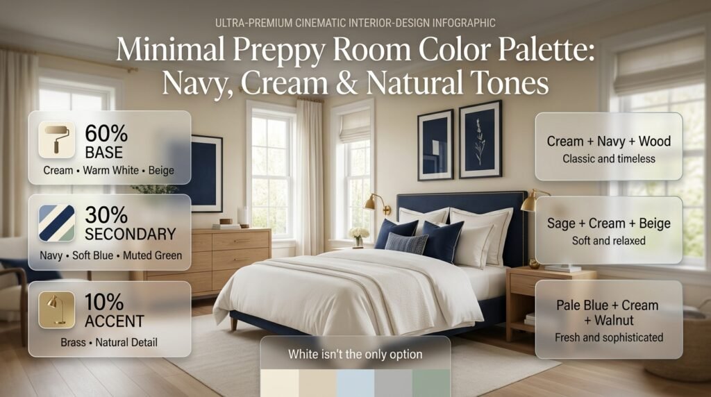 Minimal preppy room featuring navy, cream, soft blue, natural wood, and coordinated accent colors in a stylish interior.