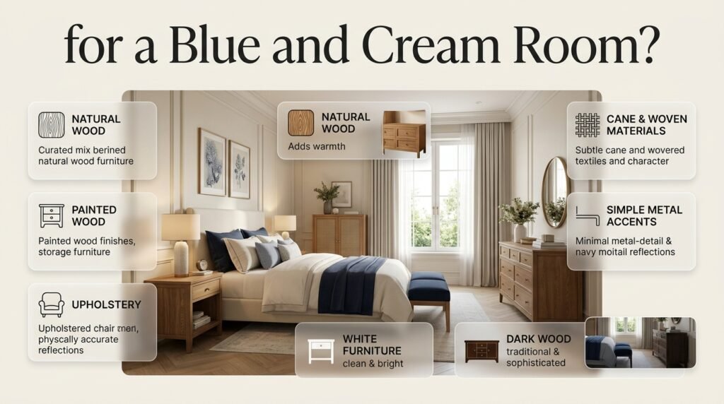 Blue and cream preppy room featuring natural wood, white and dark wood furniture with elegant upholstery and balanced styling