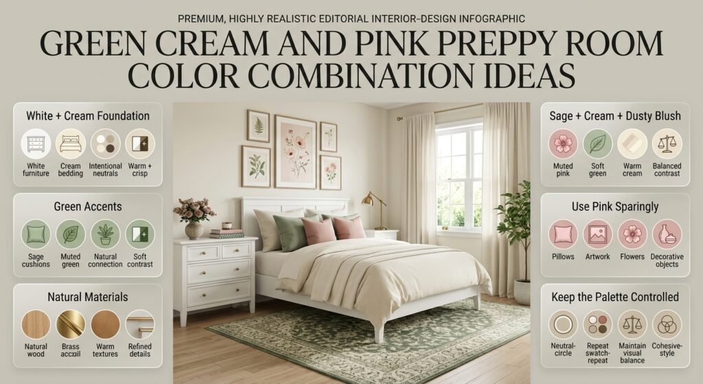 Green and cream preppy bedroom with white furniture, dusty blush accents, natural wood, brass details, and layered bedding.
