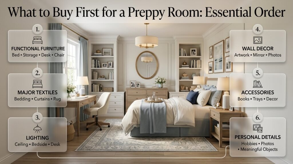 Preppy room shopping order showing furniture, textiles, lighting, wall decor, accessories, and personal details for a new room.