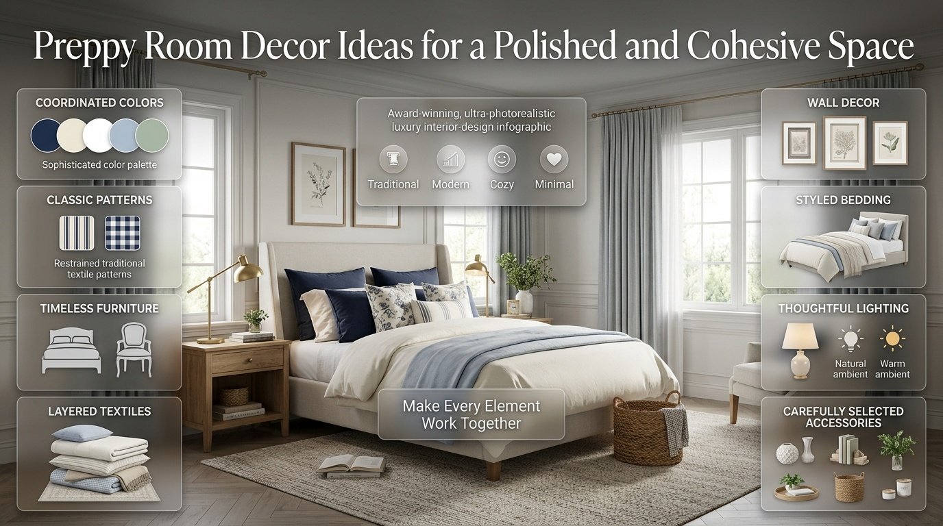 Elegant preppy room decor featuring coordinated colors, classic patterns, layered textiles, timeless furniture, lighting, and accessories. Preppy Room Decor Ideas for a Polished and Cohesive Space