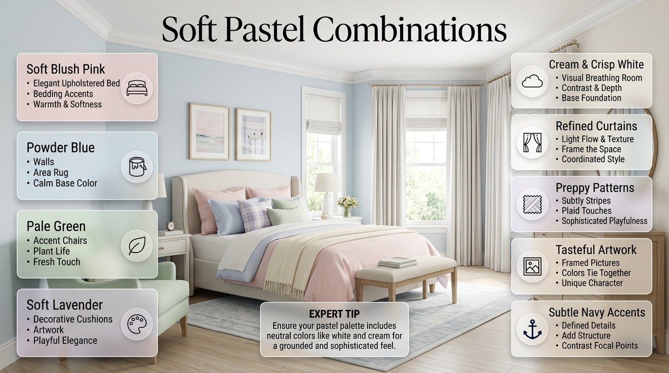 Soft pastel combinations in a preppy bedroom featuring pink, blue, green, cream, white, and subtle darker accents. Soft Pastel Combinations for a Preppy Room