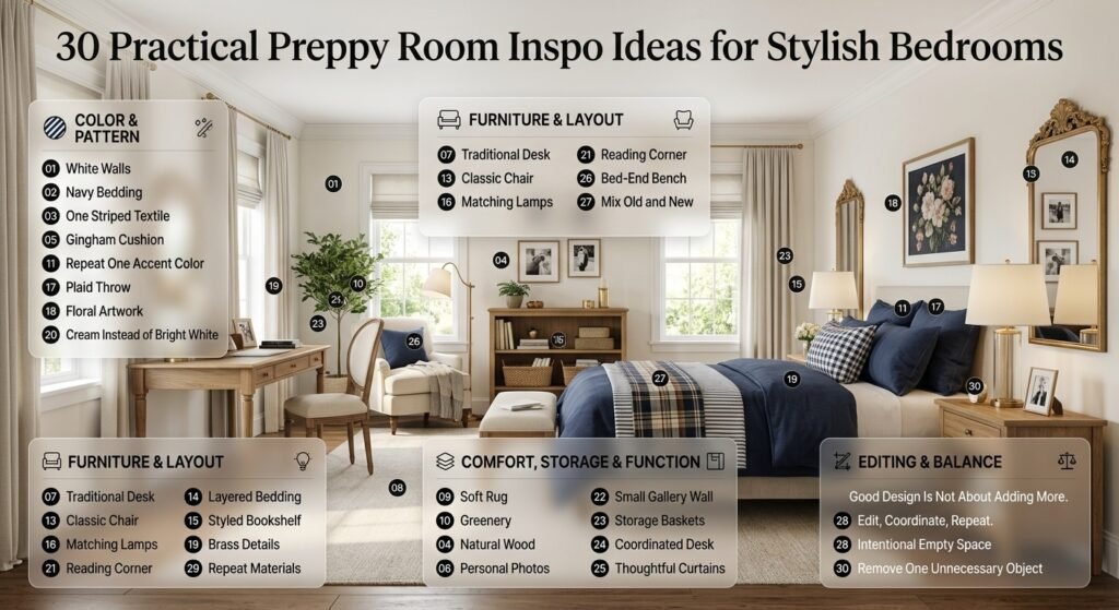 30 practical preppy room inspo ideas featuring navy bedding, stripes, natural wood, greenery, layered textiles, brass, and smart decor.