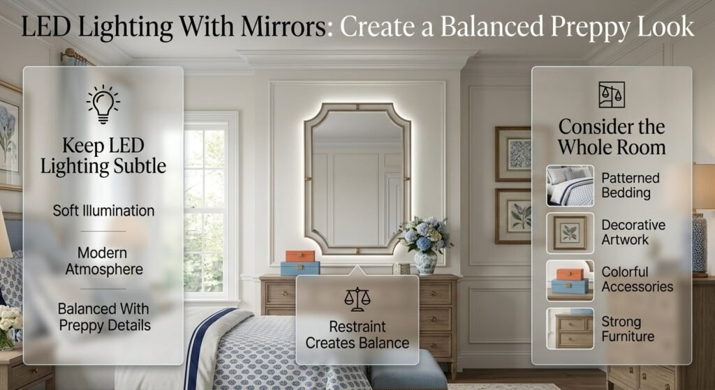Preppy bedroom mirror with subtle LED lighting, patterned bedding, decorative artwork, colorful accents, and balanced modern styling