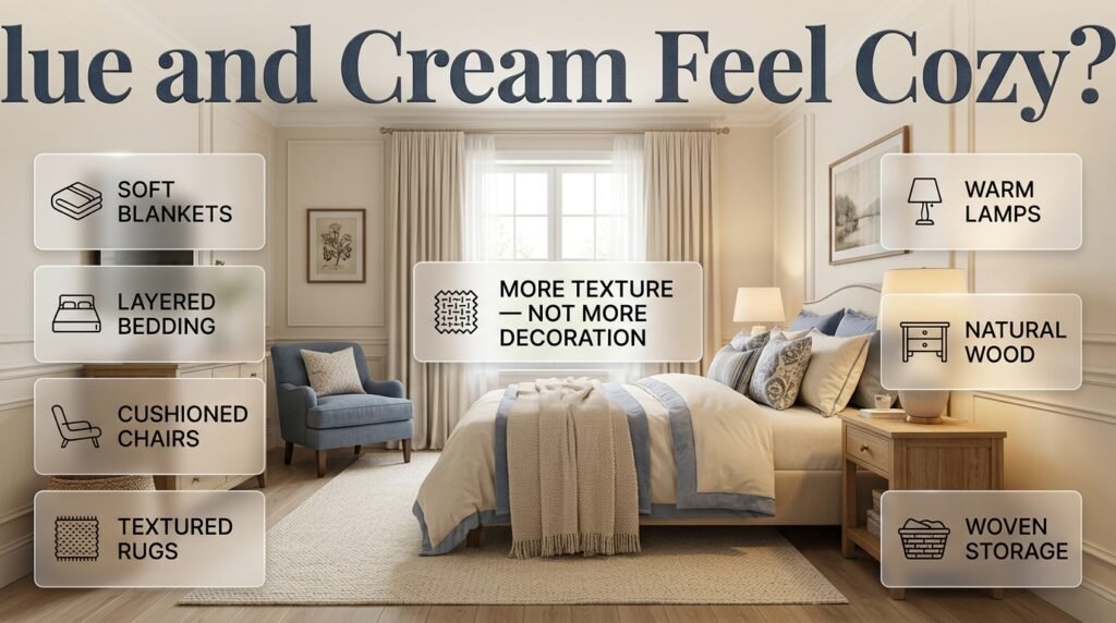 Cozy blue and cream preppy bedroom with layered bedding, soft blankets, textured rugs, warm lighting, wood, and woven decor