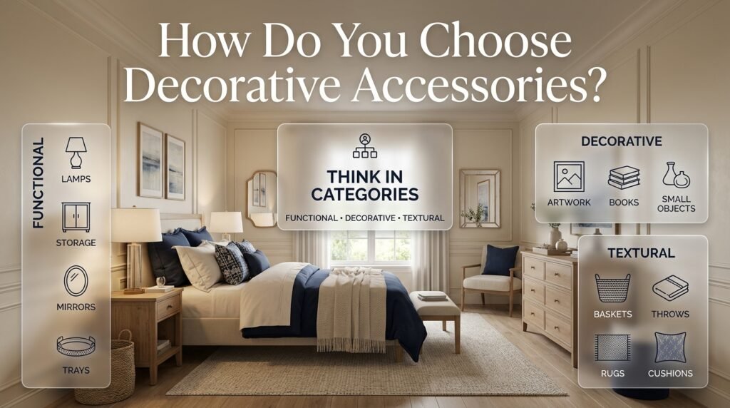 Blue and cream preppy room with functional, decorative, and textural accessories including lamps, artwork, books, baskets, and cushions
