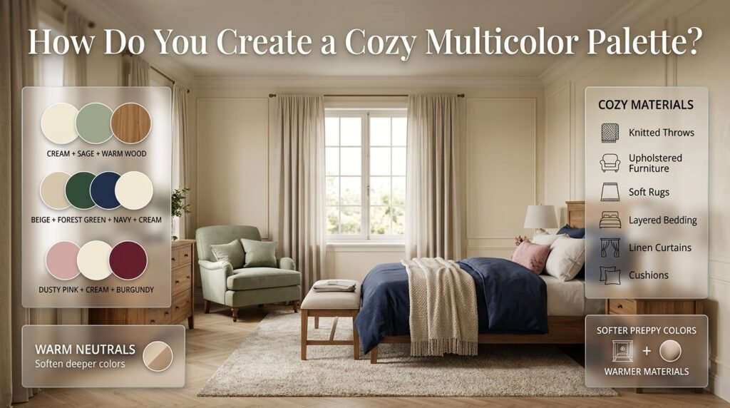 Cozy multicolor preppy room featuring cream, sage, warm wood, navy, dusty pink, and soft layered textiles.