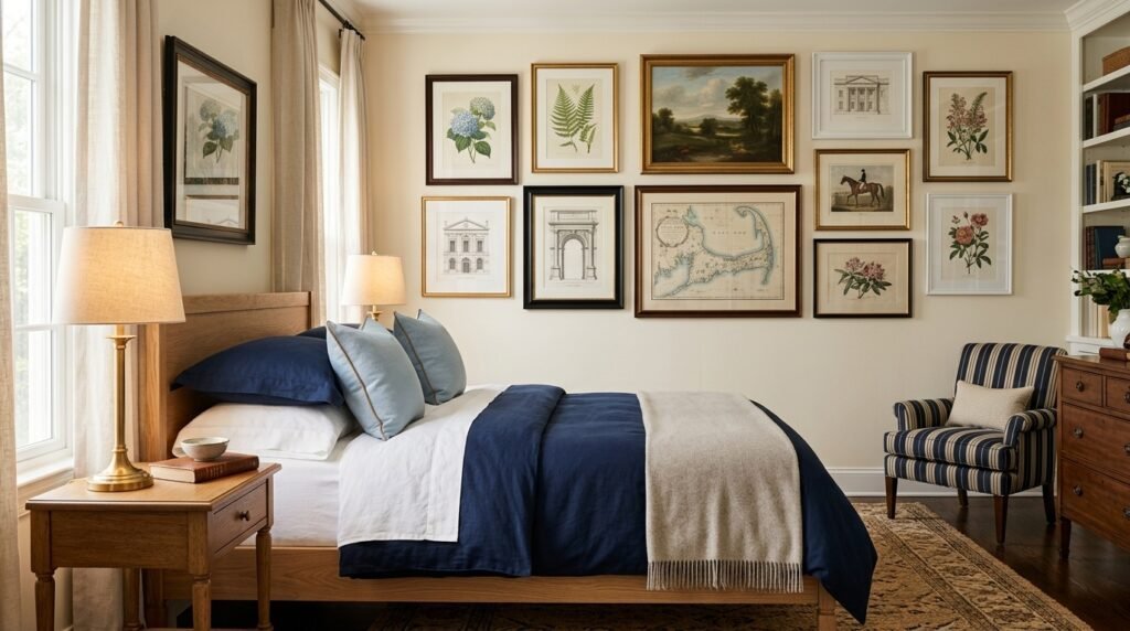Luxury classic preppy bedroom with cream walls, navy bedding, blue cushions, traditional artwork, brass lamps, and wood furniture