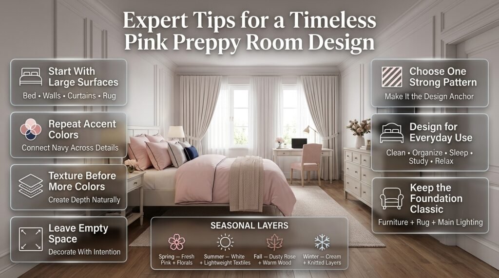 Polished pink preppy bedroom with balanced colors, classic furniture, layered textures, seasonal decor, and organized open space
