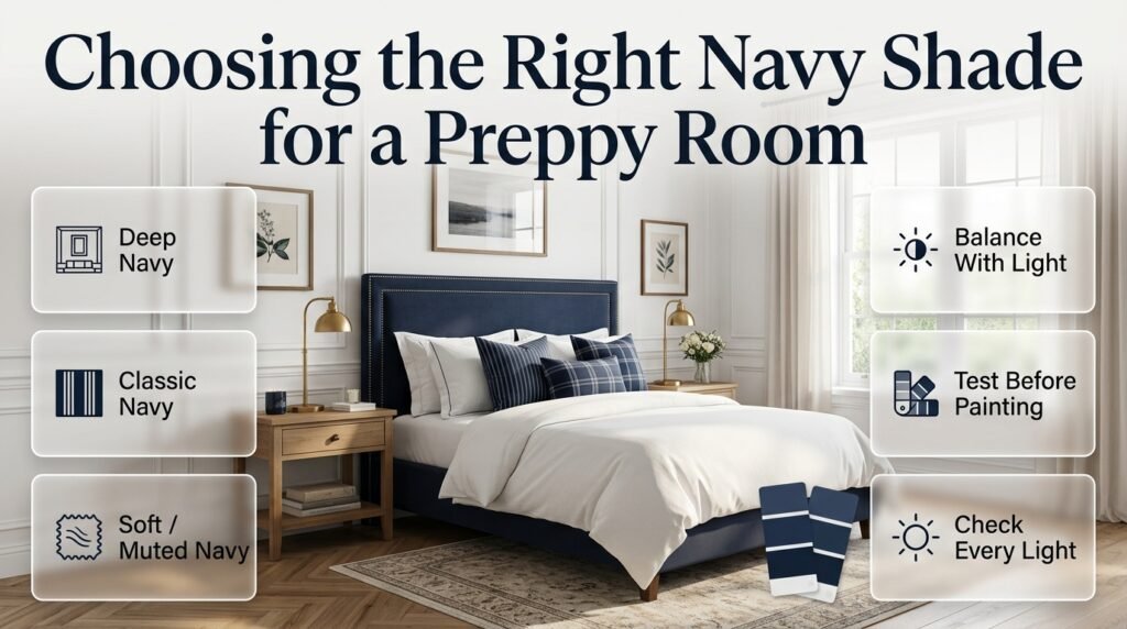 Preppy room showcasing deep, classic, and muted navy shades balanced with white, wood, brass, and warm natural lighting