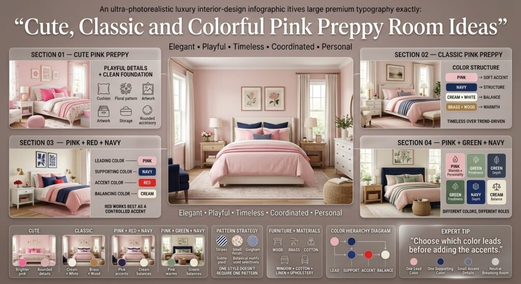 Pink Preppy Room featuring cute decor, classic navy and cream accents, red details, sage green, natural wood, and layered patterns.