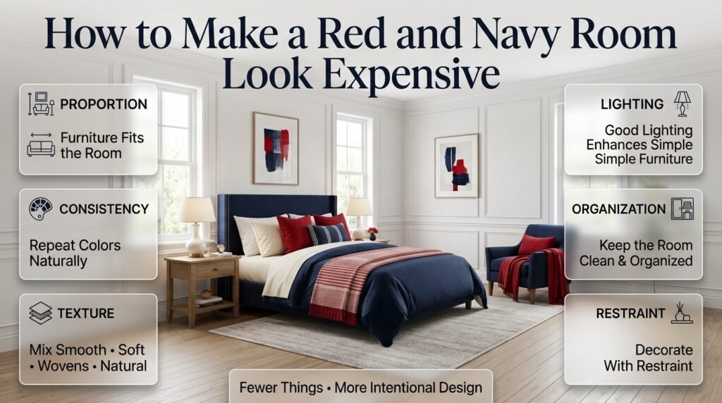 Red and navy preppy room styled to look expensive through proportion, consistency, texture, lighting, organization, and restraint.