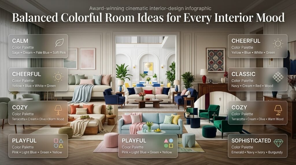 Balanced colorful room palettes for calm, cheerful, classic, cozy, playful, and sophisticated interior moods