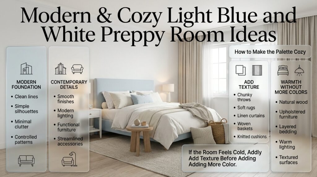 Modern light blue and white preppy room with clean furniture, cozy textures, natural wood, soft rugs, and warm lighting.