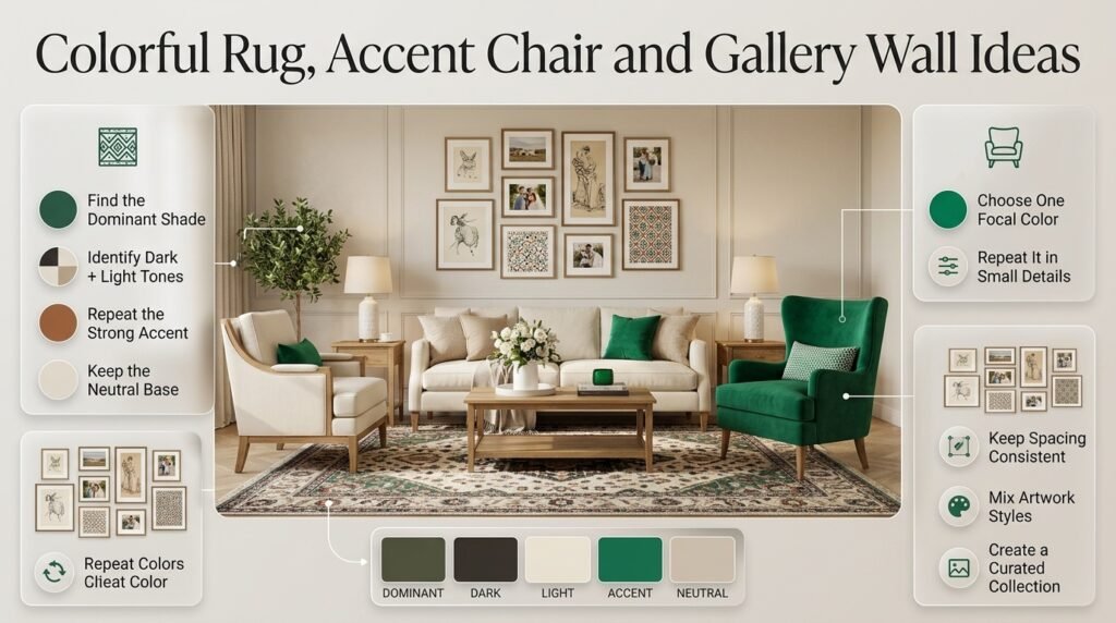 Colorful rug, bold accent chair, and curated gallery wall creating a balanced vibrant room with repeated colors and patterns