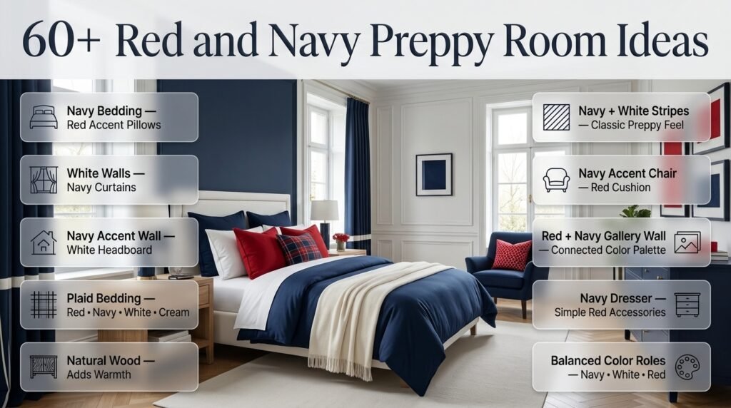 Red and navy preppy bedroom featuring navy bedding, red accents, white walls, plaid textiles, and natural wood furniture.