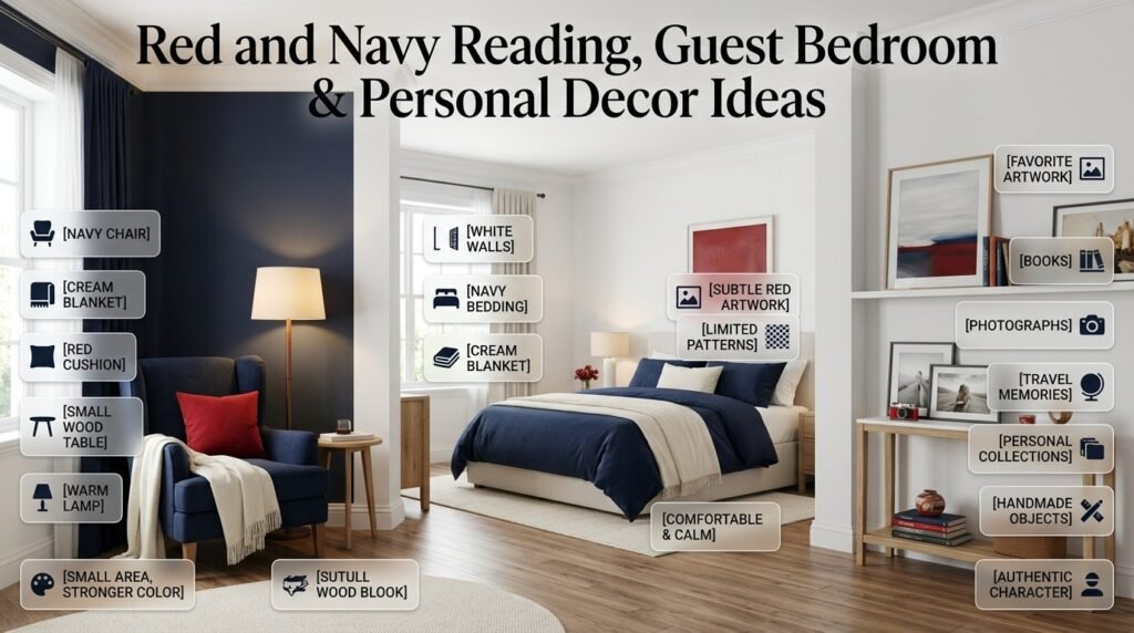 Red and navy preppy reading corner and guest bedroom with personal artwork, books, cream textiles, and natural wood accents.
