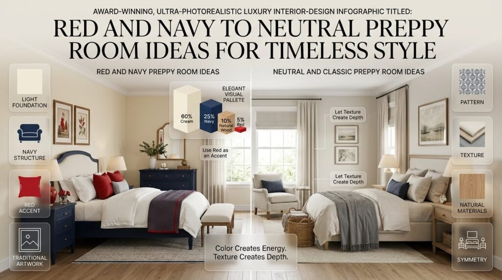 Red and navy preppy bedroom compared with a neutral classic room using cream, navy, wood, sage, patterns, and layered textures.