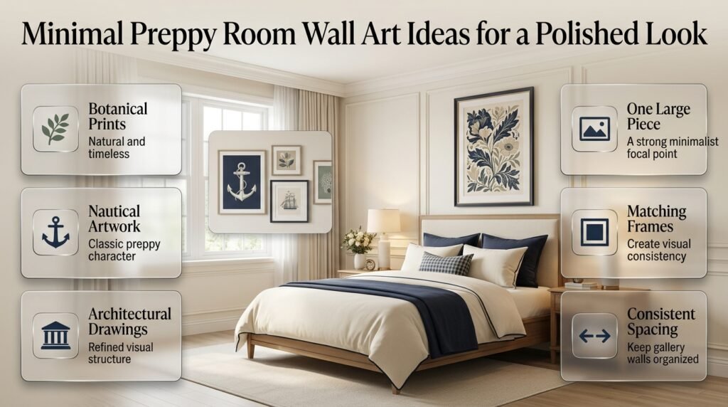 Minimal preppy bedroom with coordinated botanical wall art, classic frames, navy and cream colors, and refined gallery styling.