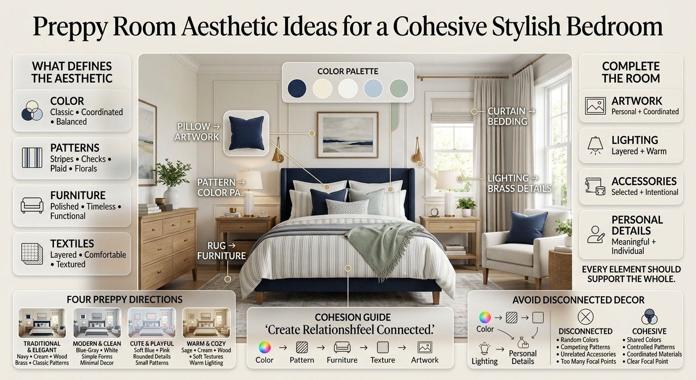 Preppy room aesthetic featuring coordinated colors, classic patterns, polished furniture, layered textiles, artwork, lighting, and personal details. Preppy Room Aesthetic Ideas for a Cohesive Stylish Bedroom