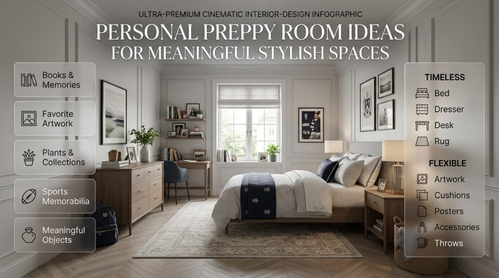 Personal preppy room with books, photos, artwork, plants, collections, and flexible decor designed to reflect individual personality.