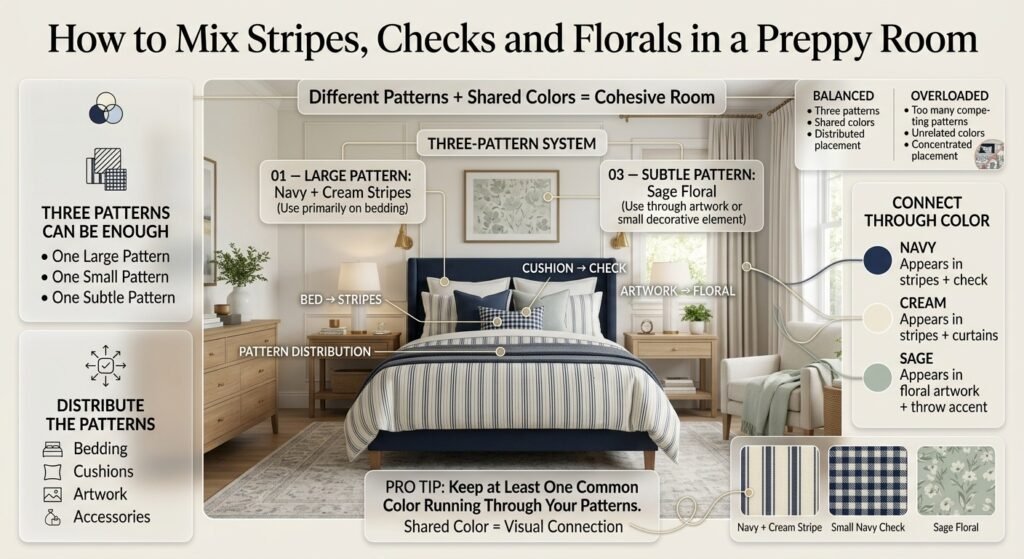 Preppy bedroom showing three coordinated patterns: navy stripes, small checks, and sage florals connected by a cohesive color palette.