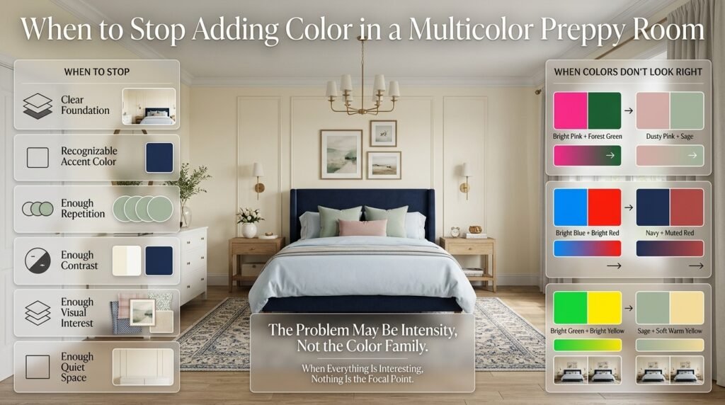 Multicolor preppy room showing when to stop adding color and how adjusting shade intensity can improve color combinations and balance.