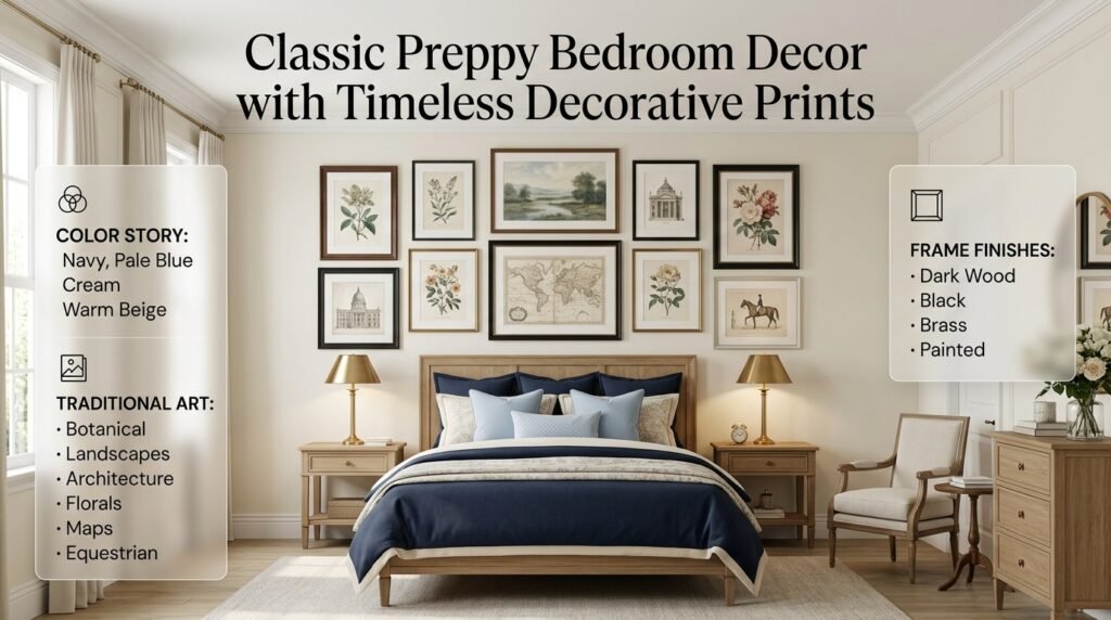 Classic preppy bedroom with cream walls, navy bedding, traditional prints, elegant frames, brass lamps, and natural wood furniture