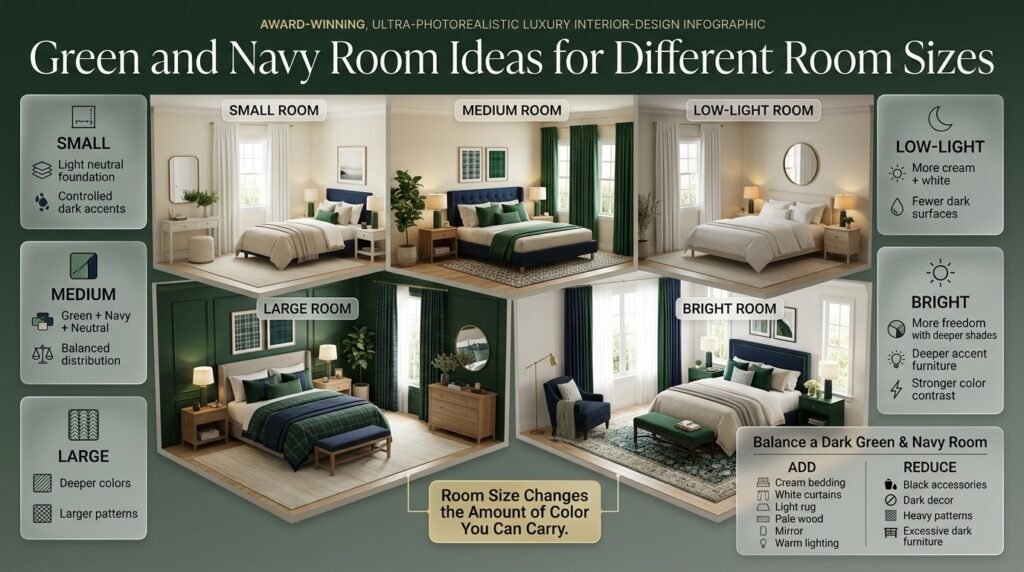 Green and navy preppy rooms showing small, medium, large, bright, and low-light spaces with balanced color and neutral accents.