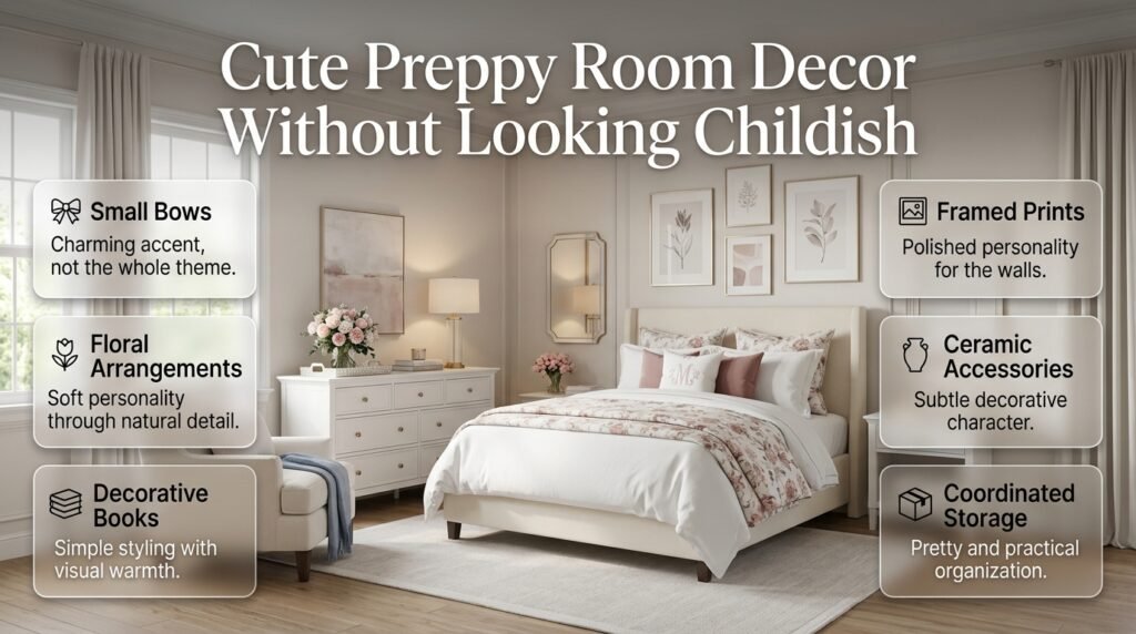 Cute preppy room with elegant bows, floral accents, framed prints, ceramics, and polished décor that avoids a childish look