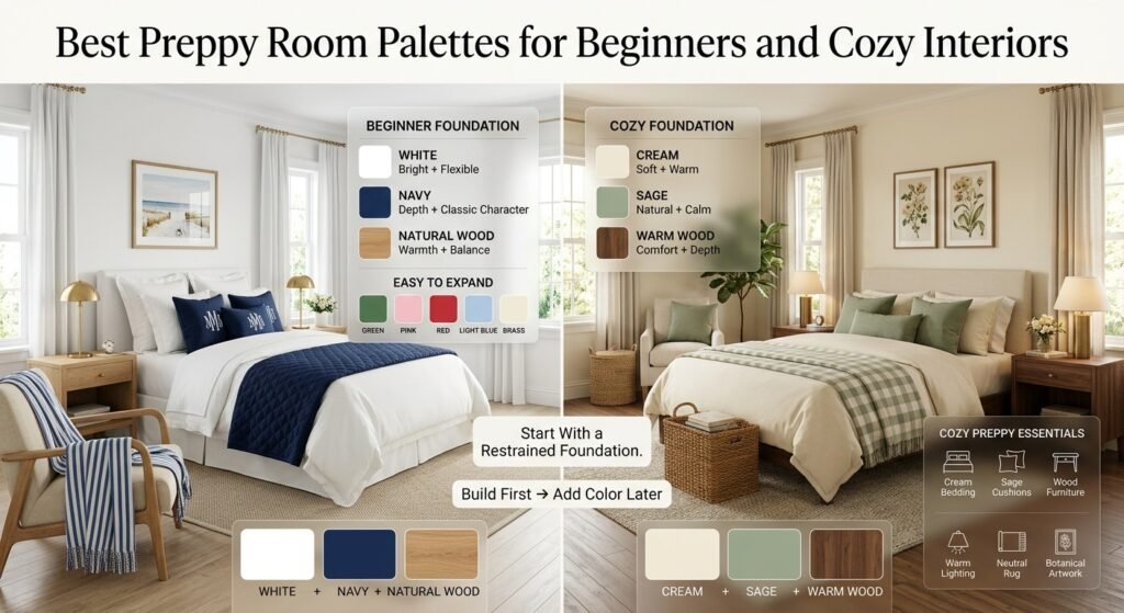 Preppy room palette guide comparing white, navy and natural wood with a cozy cream, sage and warm wood color combination.