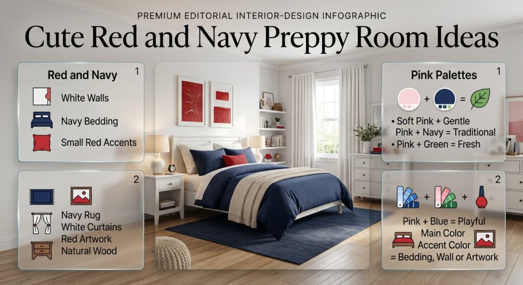 Cute preppy bedroom combining red, navy, white, cream, and pink accents with stylish bedding, artwork, curtains, and decor.