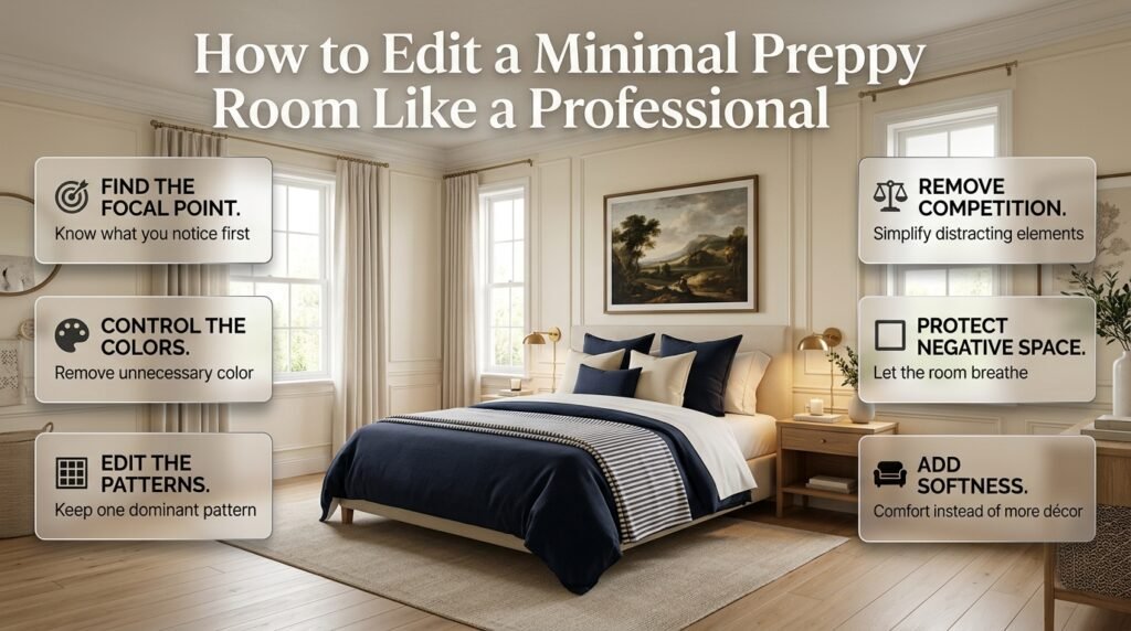 Professional minimal preppy room editing with balanced colors, controlled patterns, negative space, focal point, and cozy styling.