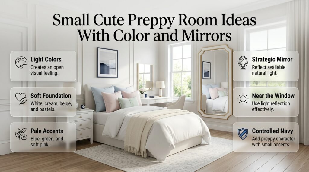 Small cute preppy room using light colors, navy accents, and a strategically placed mirror to create an open feeling