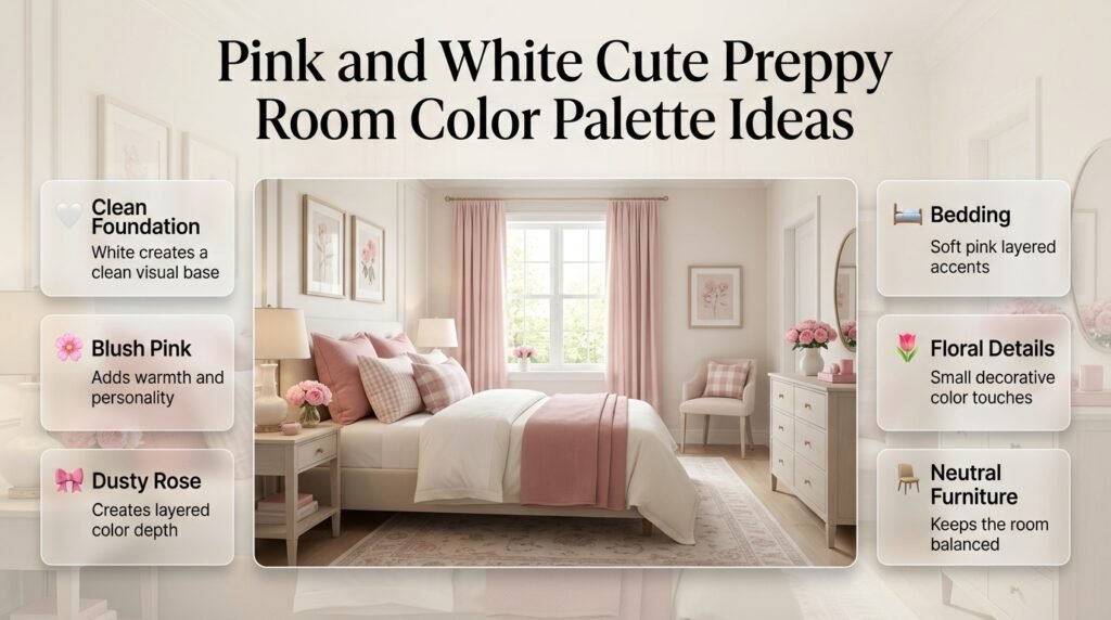 Pink and white cute preppy room featuring blush accents, cream tones, layered décor, and polished bedroom color ideas