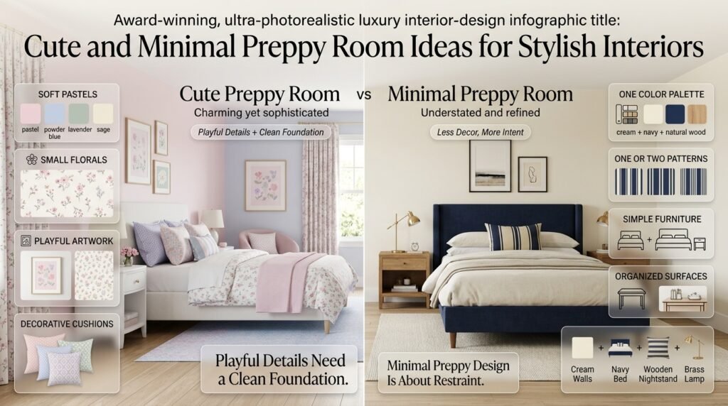 Cute and minimal preppy bedroom featuring pastel colors, simple furniture, playful details, classic patterns, and organized decor.