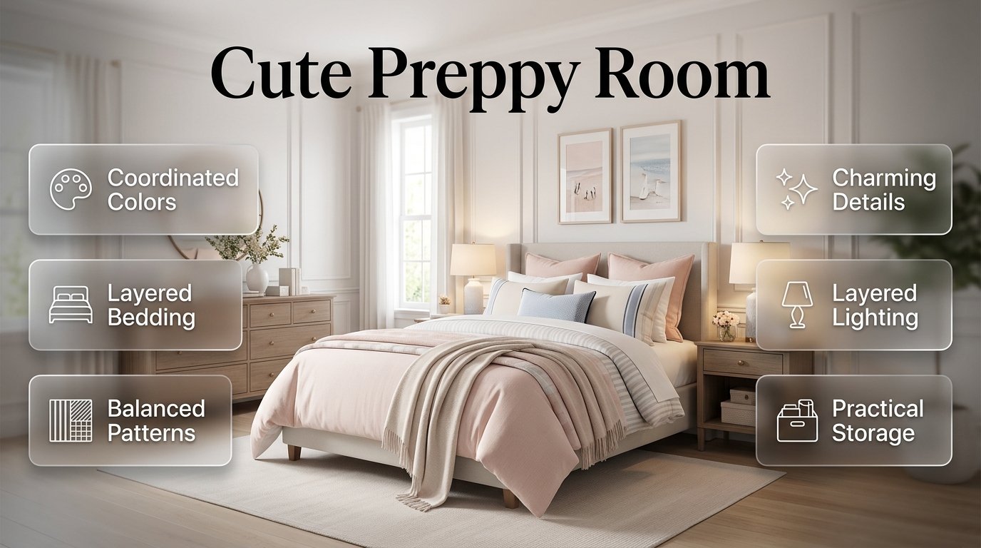 Cute preppy room with soft colors, classic patterns, cozy bedding, stylish furniture, and charming bedroom décor ideas Cute Preppy Room Ideas for a Stylish Cozy Bedroom