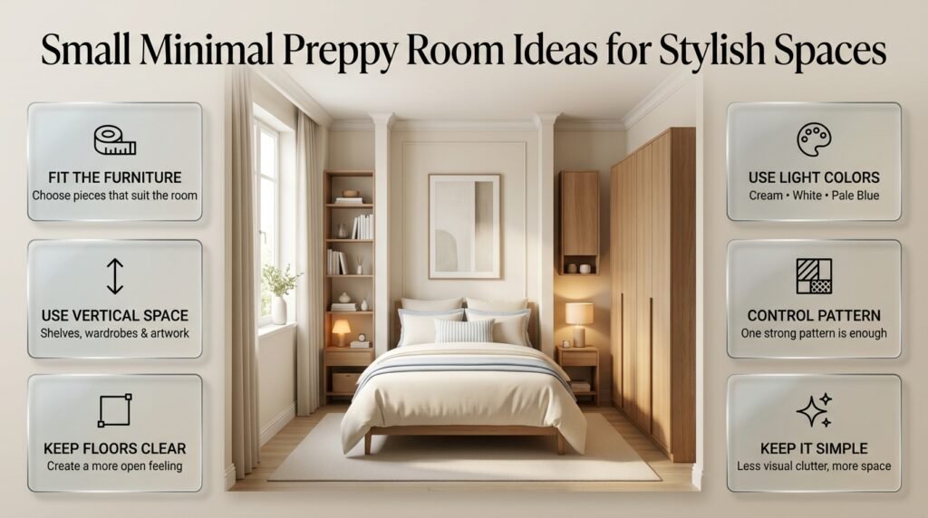 Small minimal preppy room with light colors, space-saving furniture, vertical storage, and an uncluttered stylish bedroom layout.