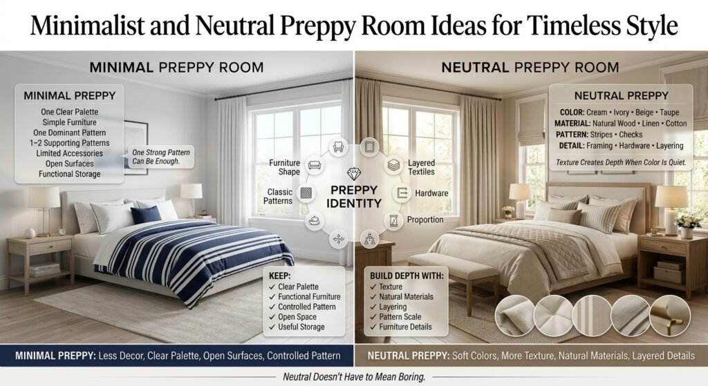 Minimalist and neutral preppy room with simple furniture, navy stripes, cream tones, natural wood, layered textures, and open surfaces.