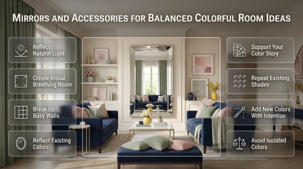 Colorful room using mirrors, coordinated accessories, navy, cream, sage, and pink to create a balanced interior palette