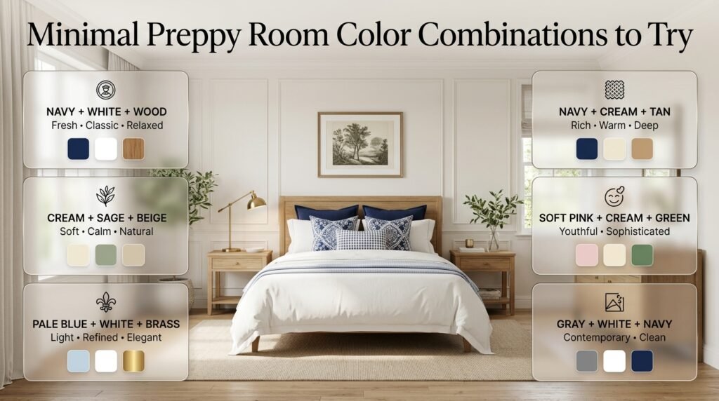 Minimal preppy room color combinations featuring navy, cream, sage, pale blue, brass, natural wood, and soft pink accents.