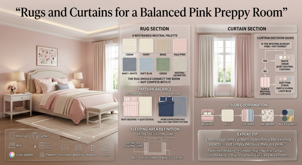 Pink Preppy Room with a balanced area rug, elegant curtains, pink bedding, cream furniture, classic patterns, and coordinated colors.